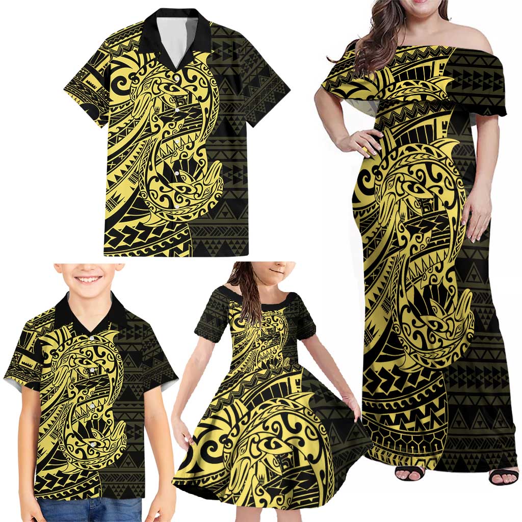 Yellow Couple Dolphins Maori Polynesian Style Family Matching Off Shoulder Maxi Dress and Hawaiian Shirt LT9 - Polynesian Pride