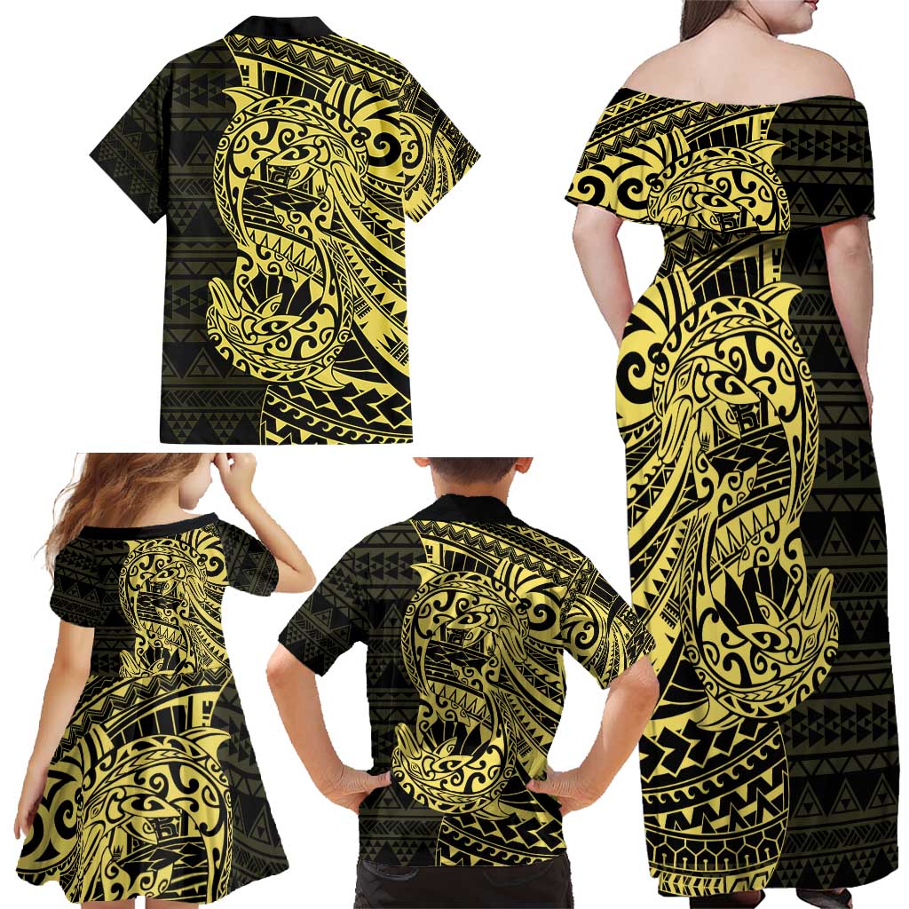 Yellow Couple Dolphins Maori Polynesian Style Family Matching Off Shoulder Maxi Dress and Hawaiian Shirt LT9 - Polynesian Pride