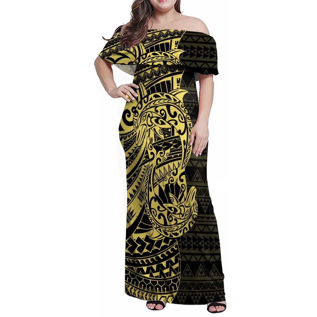 Yellow Couple Dolphins Maori Polynesian Style Family Matching Off Shoulder Maxi Dress and Hawaiian Shirt LT9 Mom's Dress Yellow - Polynesian Pride