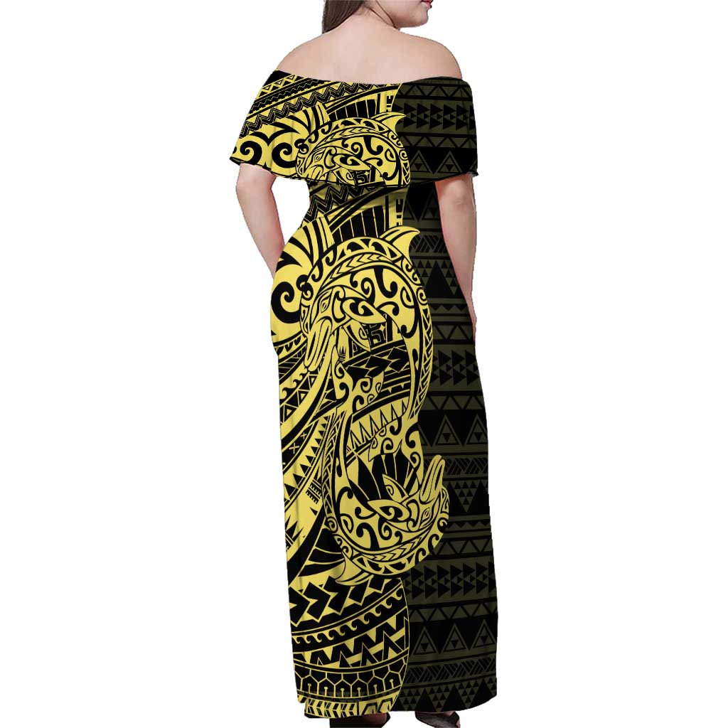 Yellow Couple Dolphins Maori Polynesian Style Family Matching Off Shoulder Maxi Dress and Hawaiian Shirt LT9 - Polynesian Pride