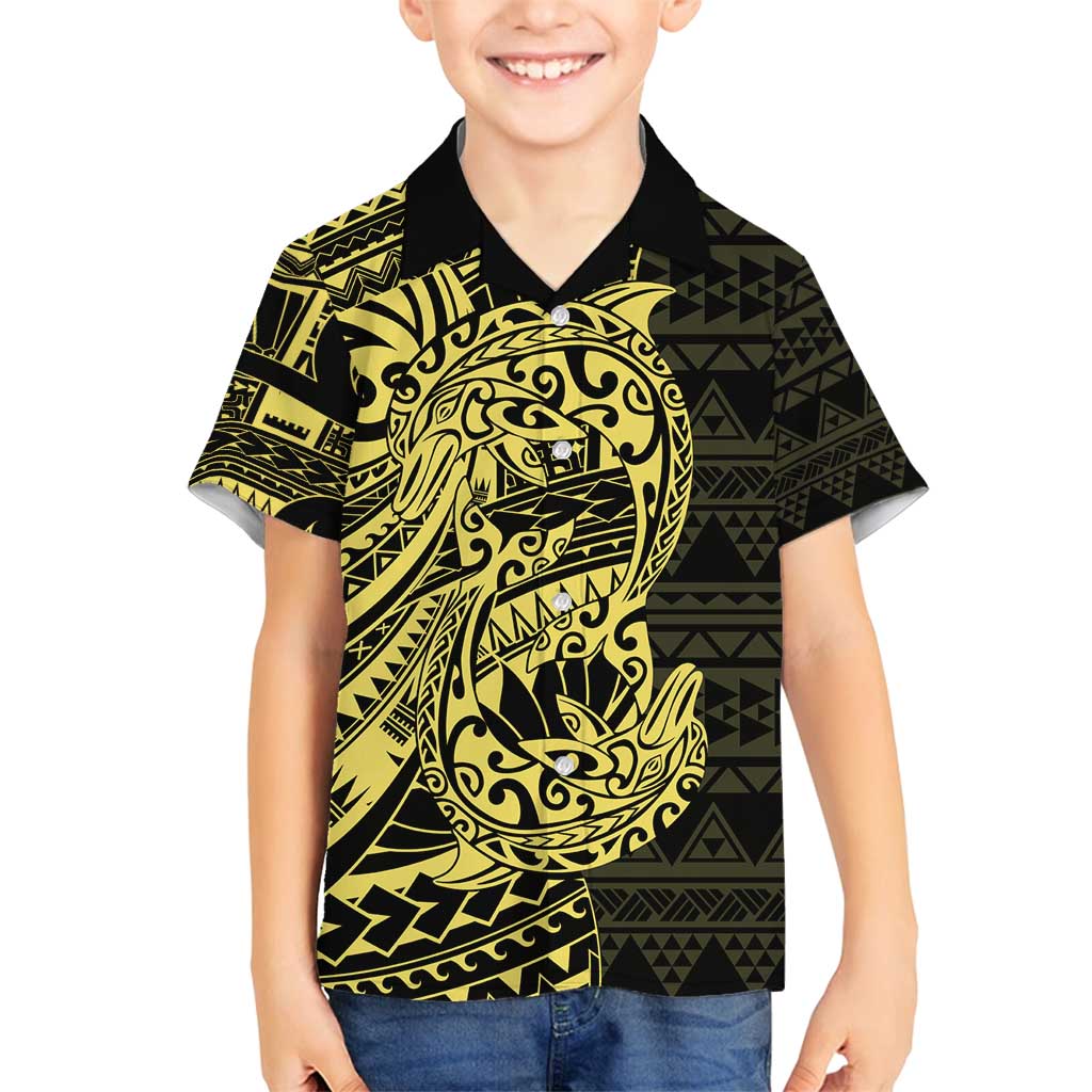 Yellow Couple Dolphins Maori Polynesian Style Family Matching Off Shoulder Maxi Dress and Hawaiian Shirt LT9 Son's Shirt Yellow - Polynesian Pride