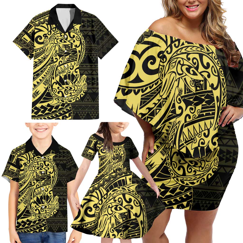 Yellow Couple Dolphins Maori Polynesian Style Family Matching Off Shoulder Short Dress and Hawaiian Shirt LT9 - Polynesian Pride