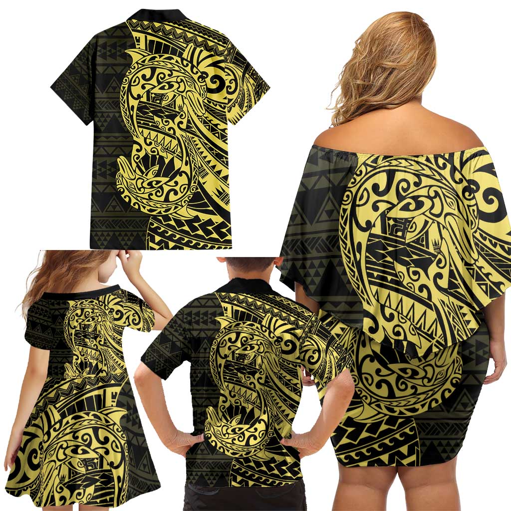 Yellow Couple Dolphins Maori Polynesian Style Family Matching Off Shoulder Short Dress and Hawaiian Shirt LT9 - Polynesian Pride