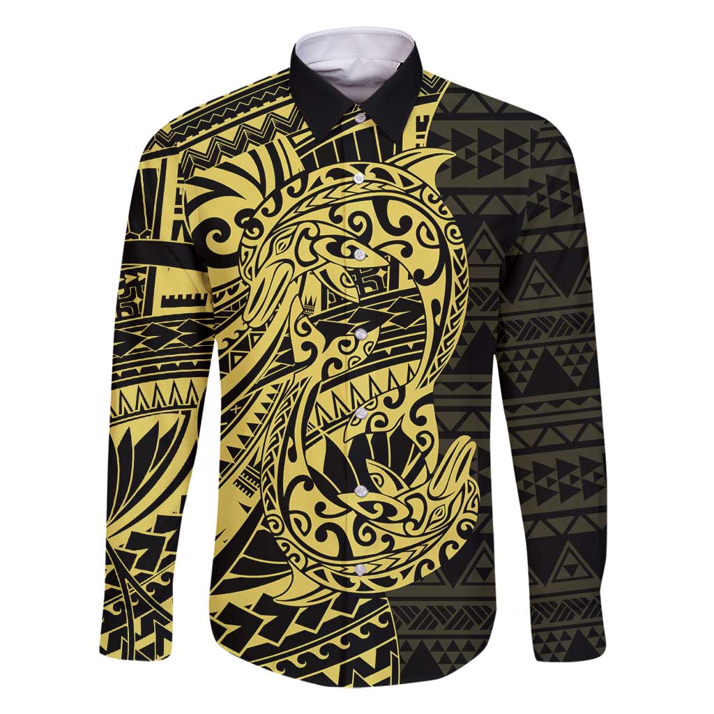 Yellow Couple Dolphins Maori Polynesian Style Family Matching Off Shoulder Short Dress and Hawaiian Shirt LT9 Dad's Shirt - Long Sleeve Yellow - Polynesian Pride