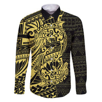 Yellow Couple Dolphins Maori Polynesian Style Family Matching Puletasi and Hawaiian Shirt LT9 Dad's Shirt - Long Sleeve Yellow - Polynesian Pride