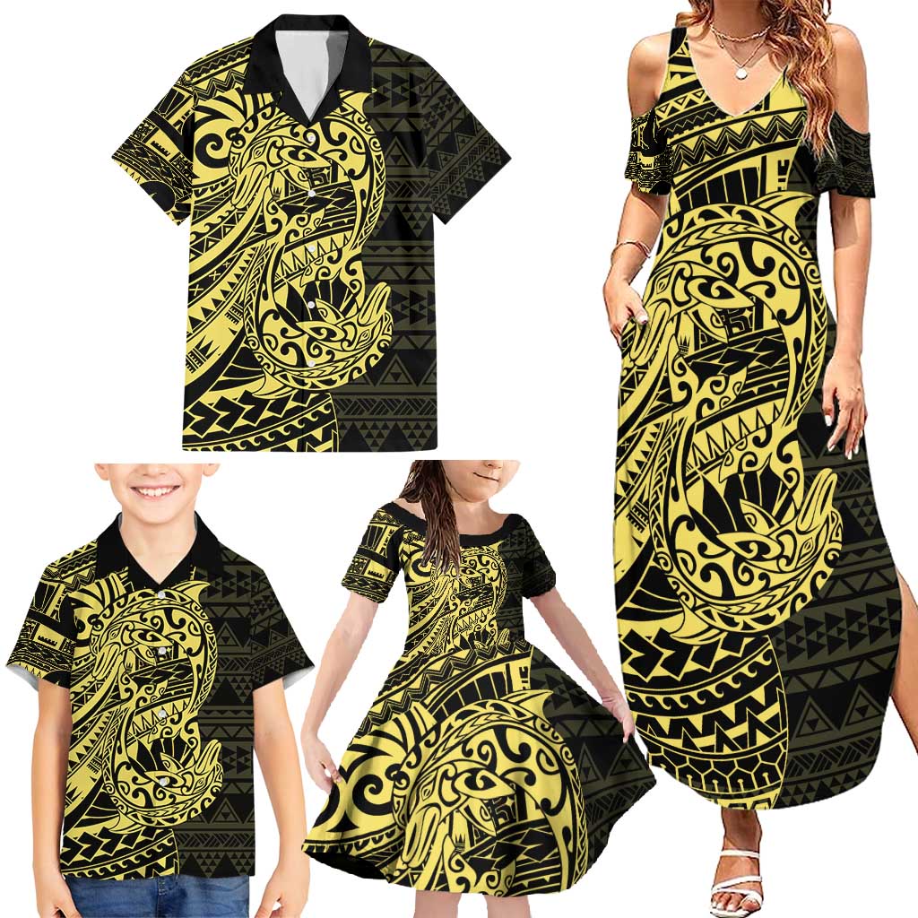 Yellow Couple Dolphins Maori Polynesian Style Family Matching Summer Maxi Dress and Hawaiian Shirt LT9 - Polynesian Pride