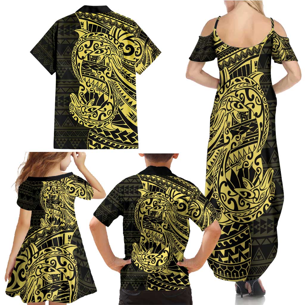Yellow Couple Dolphins Maori Polynesian Style Family Matching Summer Maxi Dress and Hawaiian Shirt LT9 - Polynesian Pride