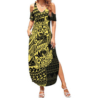 Yellow Couple Dolphins Maori Polynesian Style Family Matching Summer Maxi Dress and Hawaiian Shirt LT9 Mom's Dress Yellow - Polynesian Pride