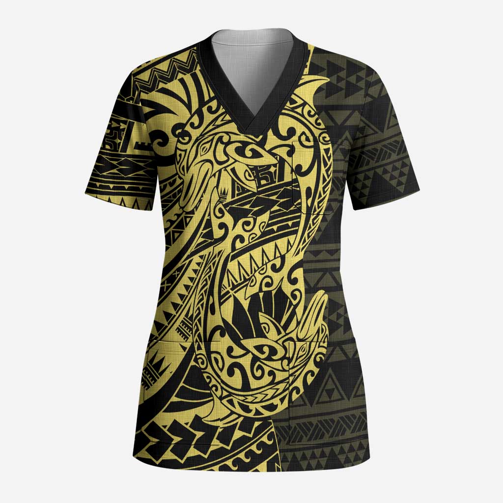 Yellow Couple Dolphins Maori Polynesian Style Scrub Top - Polynesian Pride