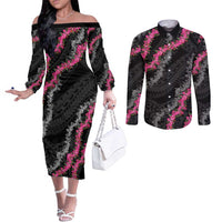 Guam Bougainvillea Lei Couples Matching Off The Shoulder Long Sleeve Dress and Long Sleeve Button Shirt Chamorro Tribal Pattern LT9 Black - Polynesian Pride
