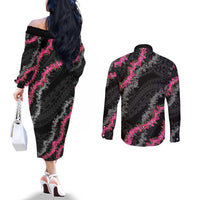 Guam Bougainvillea Lei Couples Matching Off The Shoulder Long Sleeve Dress and Long Sleeve Button Shirt Chamorro Tribal Pattern LT9 - Polynesian Pride