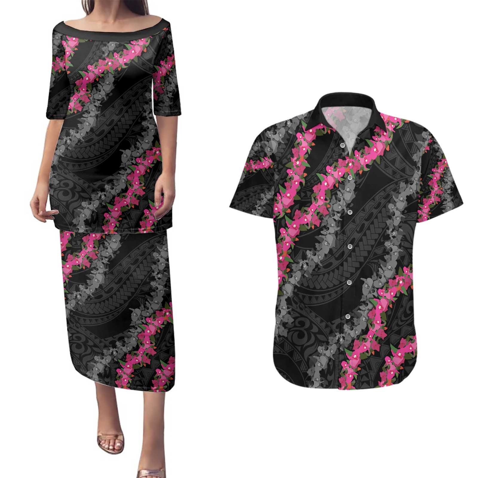 Guam Bougainvillea Lei Couples Matching Puletasi and Hawaiian Shirt Chamorro Tribal Pattern