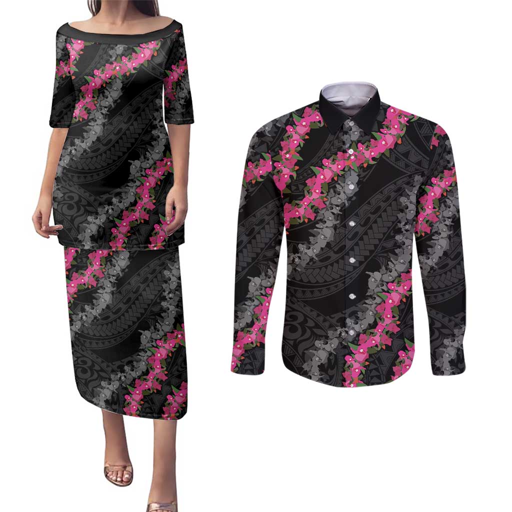 Guam Bougainvillea Lei Couples Matching Puletasi and Long Sleeve Button Shirt Chamorro Tribal Pattern