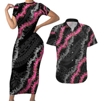 Guam Bougainvillea Lei Couples Matching Short Sleeve Bodycon Dress and Hawaiian Shirt Chamorro Tribal Pattern LT9 Black - Polynesian Pride