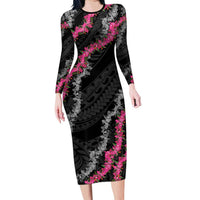 Guam Bougainvillea Lei Family Matching Long Sleeve Bodycon Dress and Hawaiian Shirt Chamorro Tribal Pattern LT9 Mom's Dress Black - Polynesian Pride