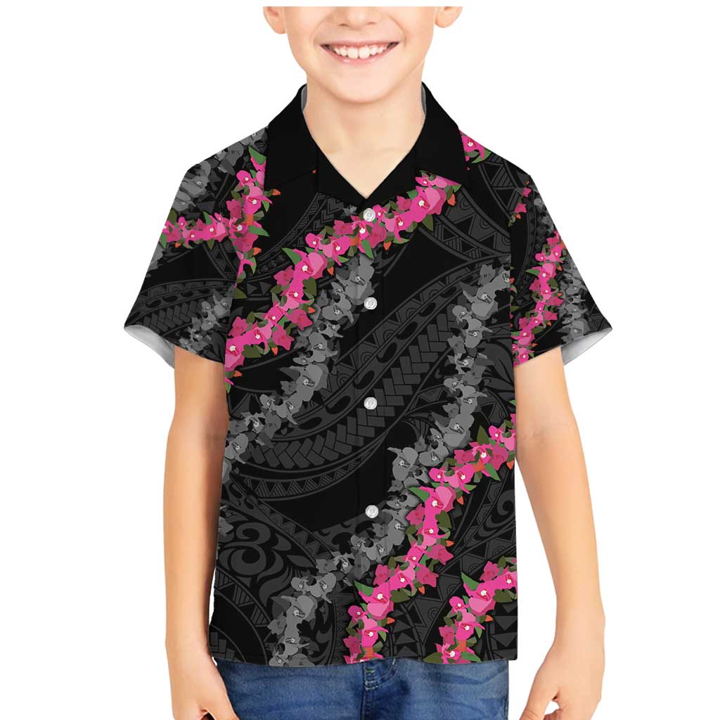 Guam Bougainvillea Lei Family Matching Mermaid Dress and Hawaiian Shirt Chamorro Tribal Pattern LT9 Son's Shirt Black - Polynesian Pride