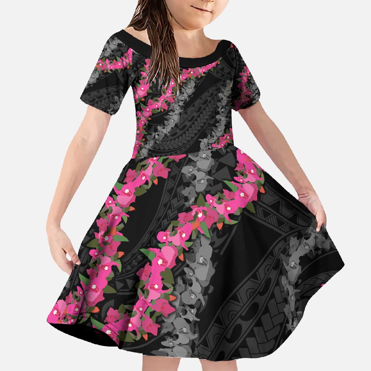 Guam Bougainvillea Lei Family Matching Off The Shoulder Long Sleeve Dress and Hawaiian Shirt Chamorro Tribal Pattern LT9 Daughter's Dress Black - Polynesian Pride