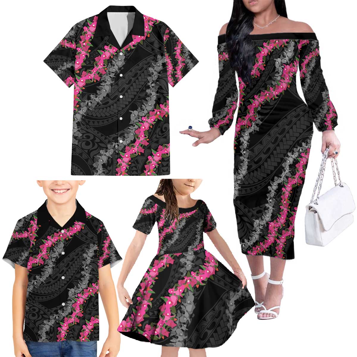 Guam Bougainvillea Lei Family Matching Off The Shoulder Long Sleeve Dress and Hawaiian Shirt Chamorro Tribal Pattern LT9 - Polynesian Pride