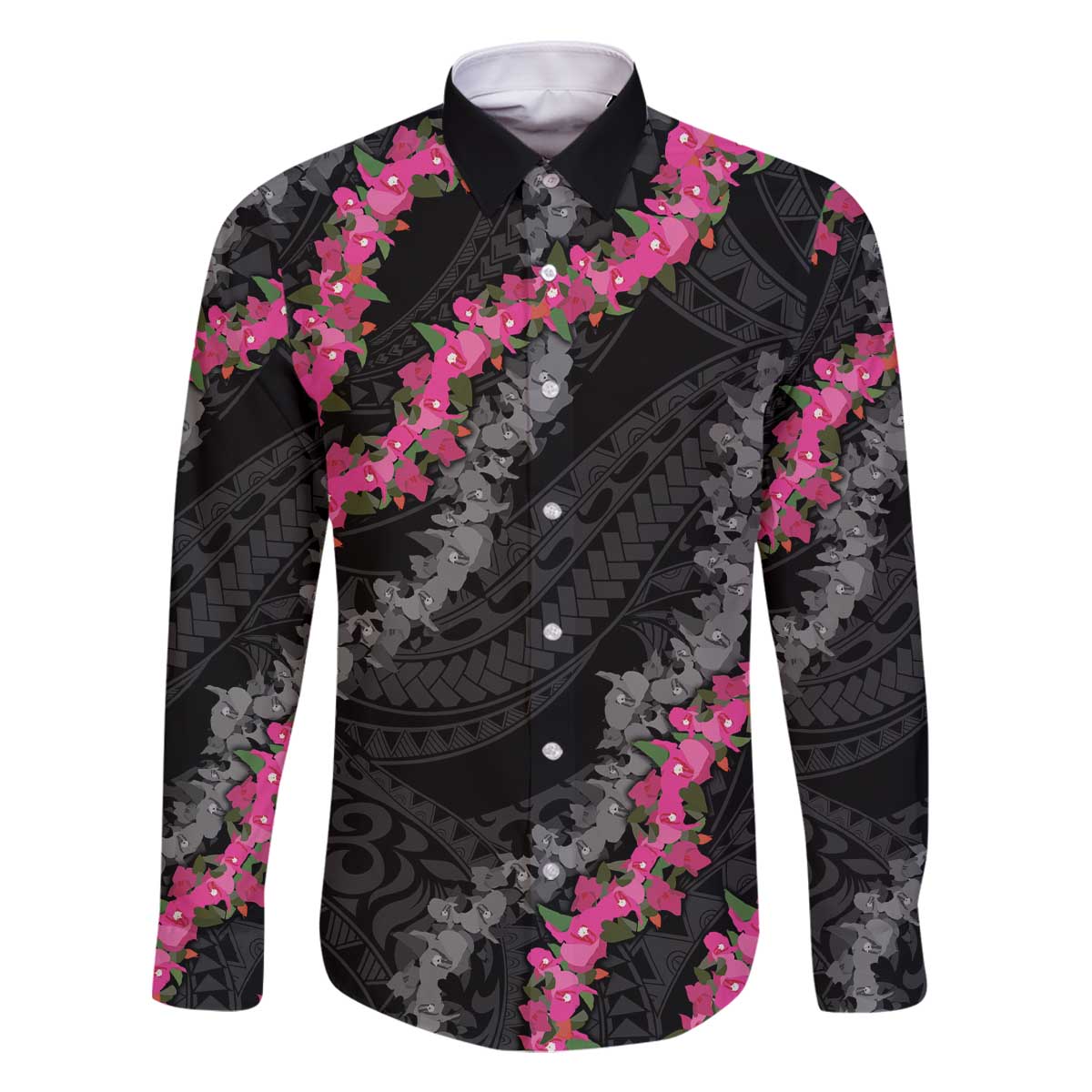 Guam Bougainvillea Lei Family Matching Off The Shoulder Long Sleeve Dress and Hawaiian Shirt Chamorro Tribal Pattern LT9 Dad's Shirt - Long Sleeve Black - Polynesian Pride