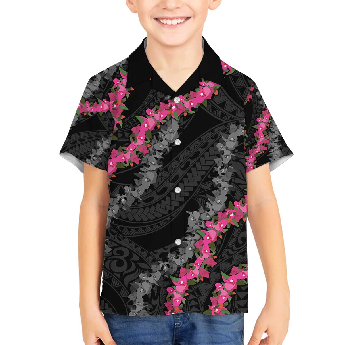 Guam Bougainvillea Lei Family Matching Off The Shoulder Long Sleeve Dress and Hawaiian Shirt Chamorro Tribal Pattern LT9 Son's Shirt Black - Polynesian Pride