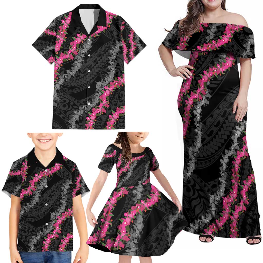Guam Bougainvillea Lei Family Matching Off Shoulder Maxi Dress and Hawaiian Shirt Chamorro Tribal Pattern LT9 - Polynesian Pride