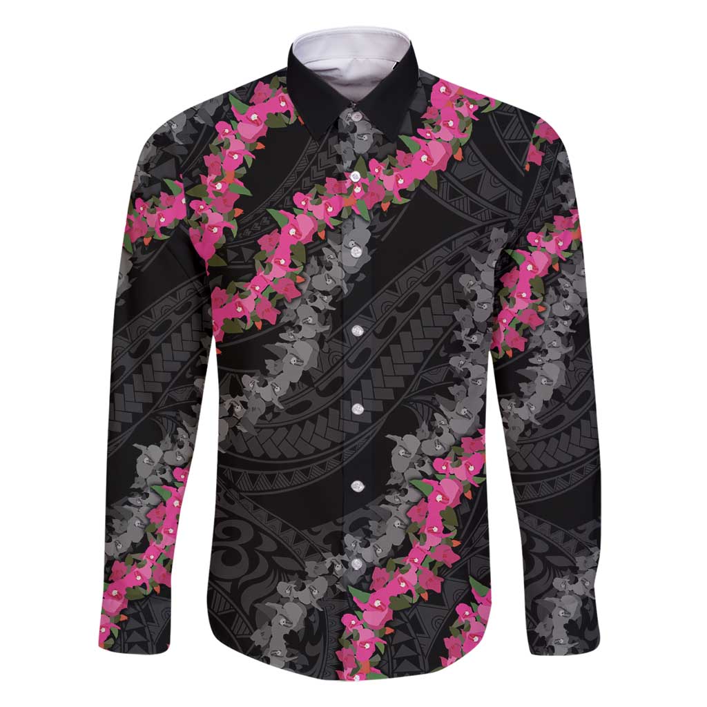 Guam Bougainvillea Lei Family Matching Off Shoulder Maxi Dress and Hawaiian Shirt Chamorro Tribal Pattern LT9 Dad's Shirt - Long Sleeve Black - Polynesian Pride