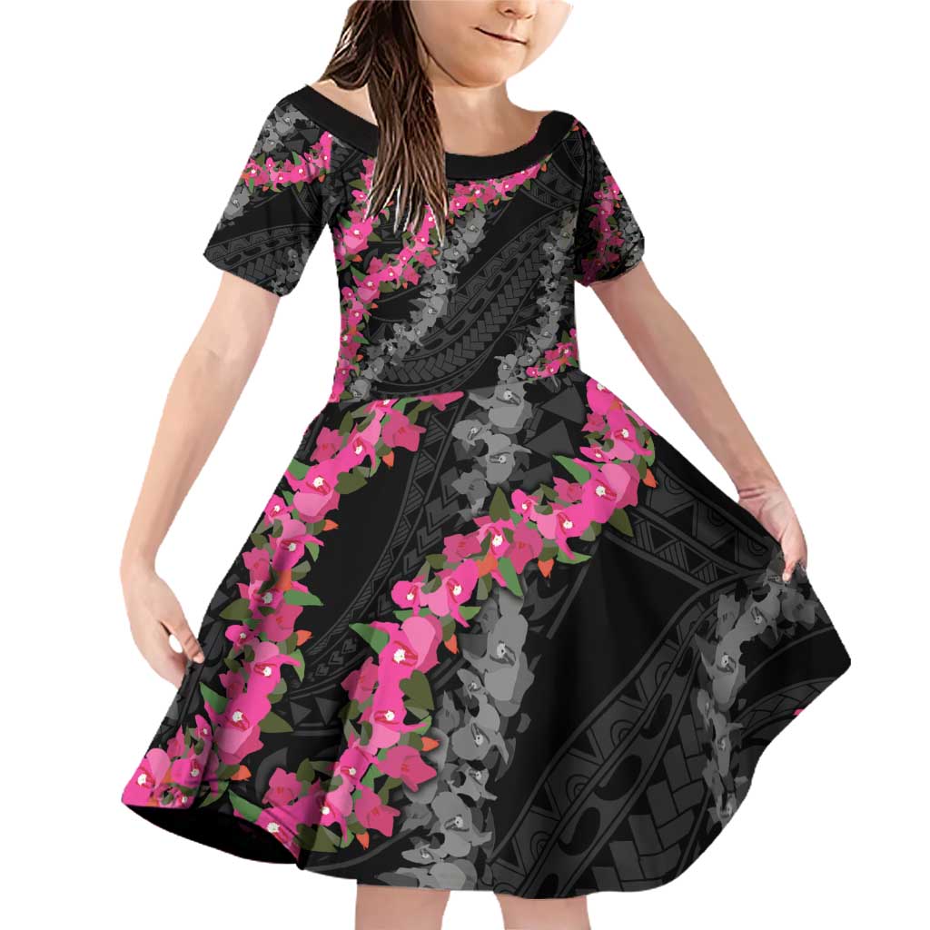 Guam Bougainvillea Lei Family Matching Off Shoulder Short Dress and Hawaiian Shirt Chamorro Tribal Pattern LT9 Daughter's Dress Black - Polynesian Pride