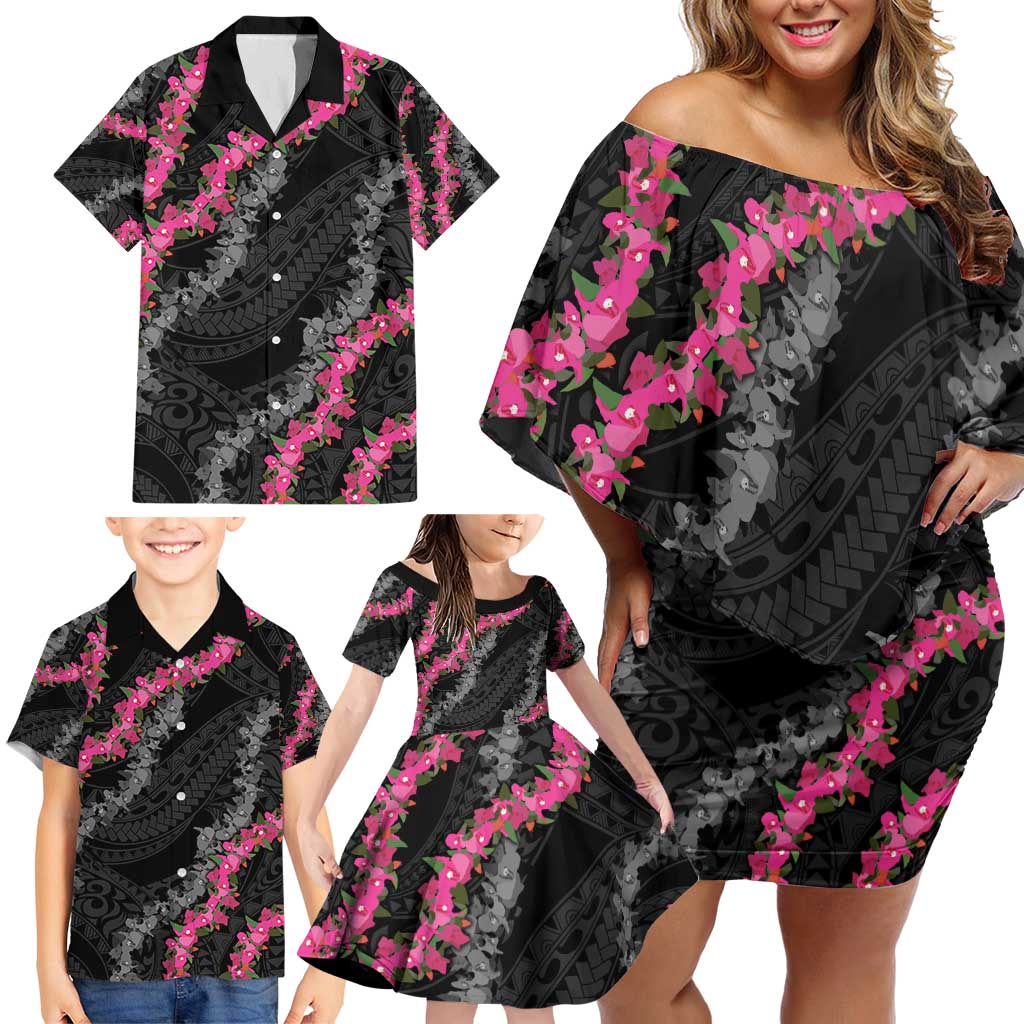 Guam Bougainvillea Lei Family Matching Off Shoulder Short Dress and Hawaiian Shirt Chamorro Tribal Pattern LT9 - Polynesian Pride