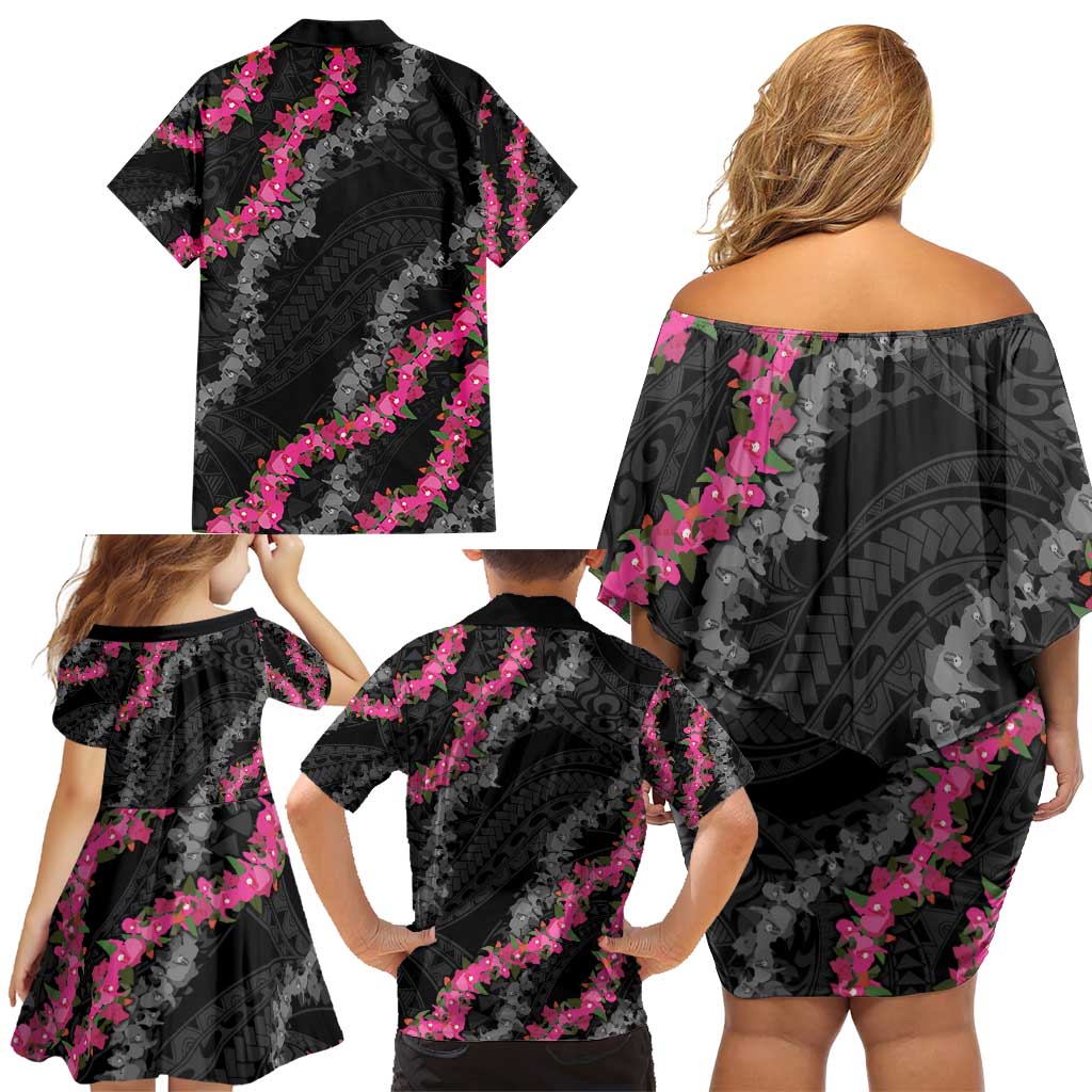 Guam Bougainvillea Lei Family Matching Off Shoulder Short Dress and Hawaiian Shirt Chamorro Tribal Pattern LT9 - Polynesian Pride