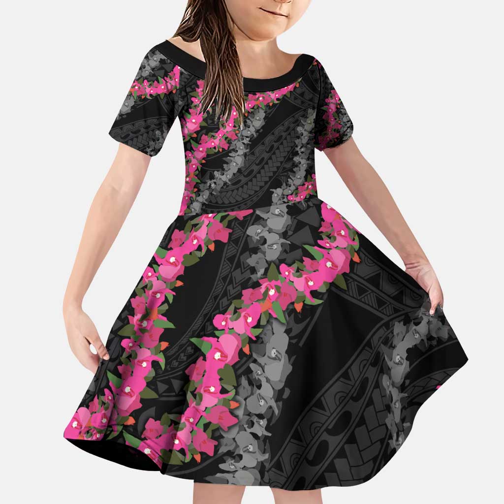 Guam Bougainvillea Lei Family Matching Puletasi and Hawaiian Shirt Chamorro Tribal Pattern LT9 Daughter's Dress Black - Polynesian Pride