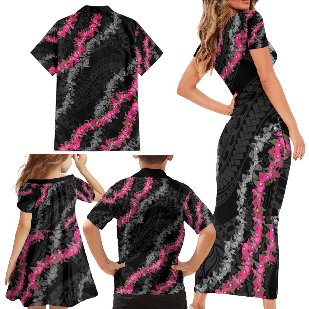 Guam Bougainvillea Lei Family Matching Short Sleeve Bodycon Dress and Hawaiian Shirt Chamorro Tribal Pattern LT9 - Polynesian Pride