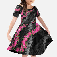 Guam Bougainvillea Lei Family Matching Summer Maxi Dress and Hawaiian Shirt Chamorro Tribal Pattern LT9 Daughter's Dress Black - Polynesian Pride