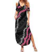 Guam Bougainvillea Lei Family Matching Summer Maxi Dress and Hawaiian Shirt Chamorro Tribal Pattern LT9 Mom's Dress Black - Polynesian Pride