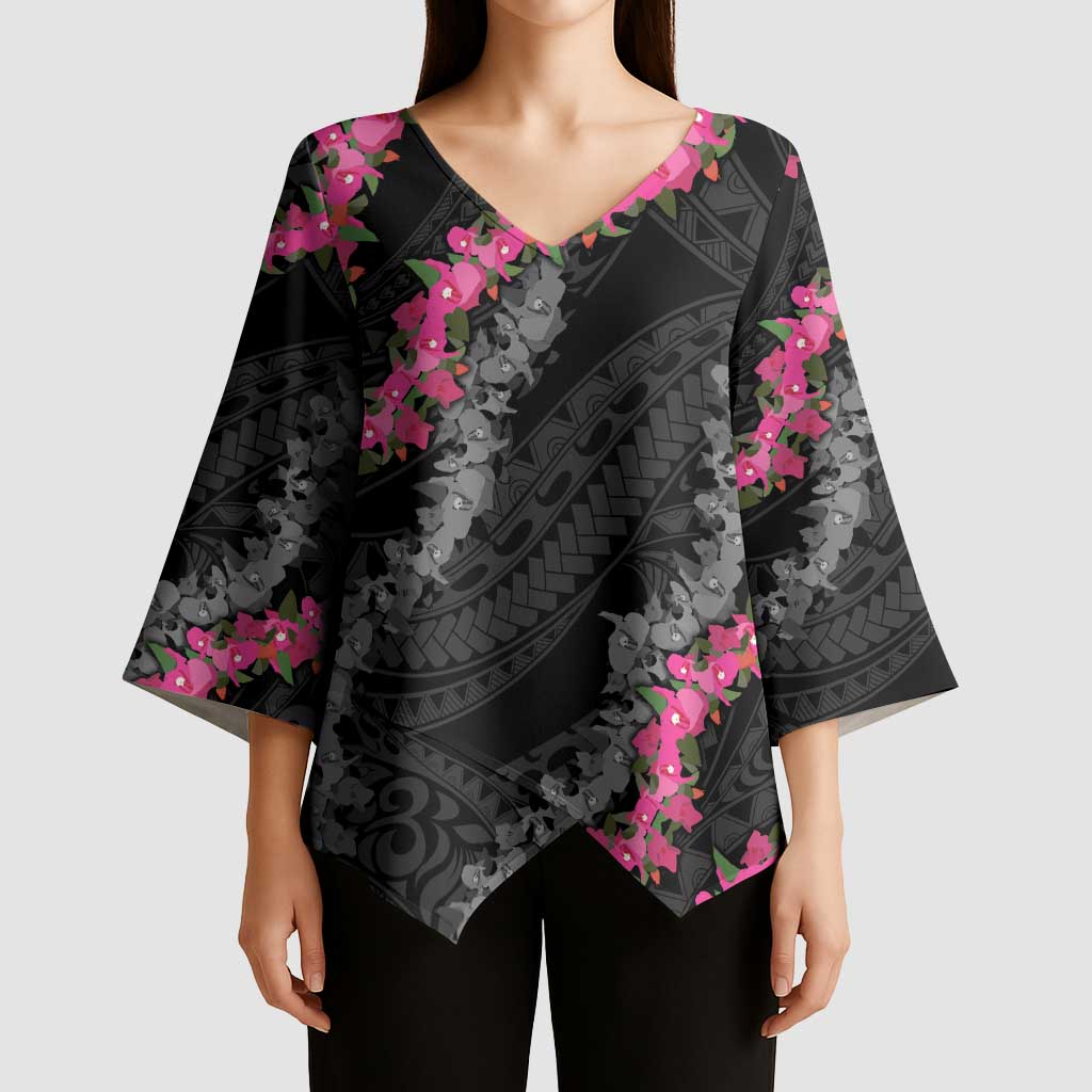 Guam Bougainvillea Lei Kimono Sleeve Blouse Chamorro Tribal Pattern - Polynesian Pride