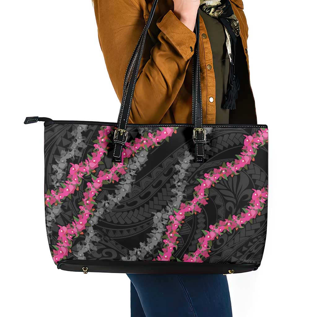 Guam Bougainvillea Lei Leather Tote Bag Chamorro Tribal Pattern