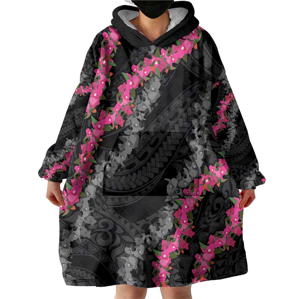 Guam Bougainvillea Lei Wearable Blanket Hoodie Chamorro Tribal Pattern