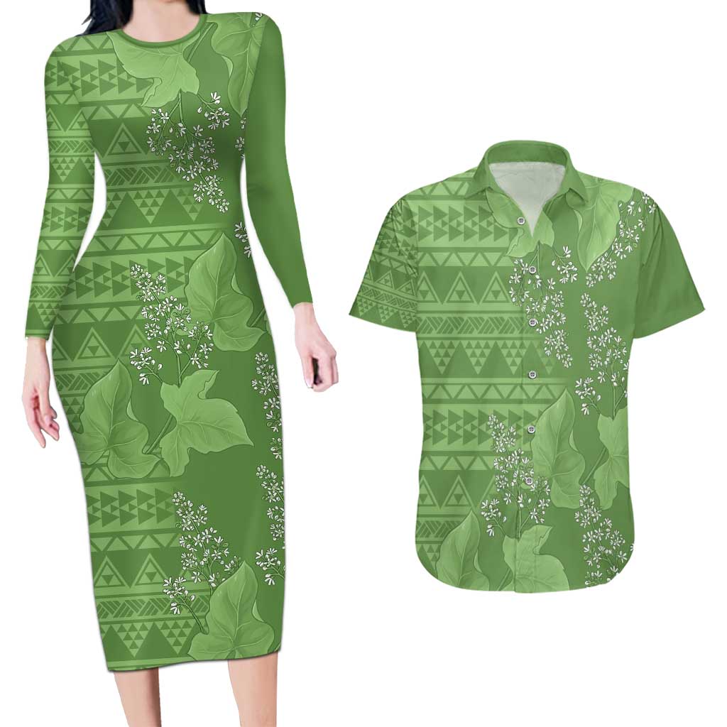 Hawaii Molokai Island Kukui Nut Flowers Couples Matching Long Sleeve Bodycon Dress and Hawaiian Shirt Tribal Kakau Pattern LT9 Green - Polynesian Pride