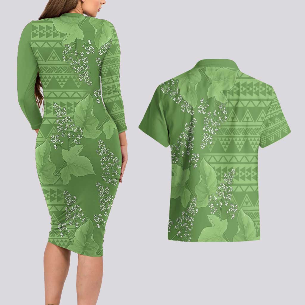 Hawaii Molokai Island Kukui Nut Flowers Couples Matching Long Sleeve Bodycon Dress and Hawaiian Shirt Tribal Kakau Pattern LT9 - Polynesian Pride