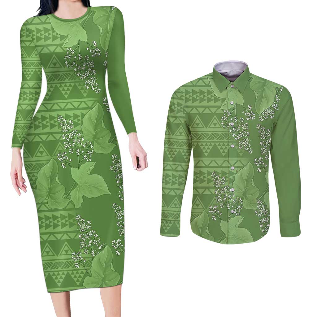 Hawaii Molokai Island Kukui Nut Flowers Couples Matching Long Sleeve Bodycon Dress and Long Sleeve Button Shirt Tribal Kakau Pattern LT9 Green - Polynesian Pride