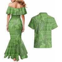 Hawaii Molokai Island Kukui Nut Flowers Couples Matching Mermaid Dress and Hawaiian Shirt Tribal Kakau Pattern LT9 - Polynesian Pride