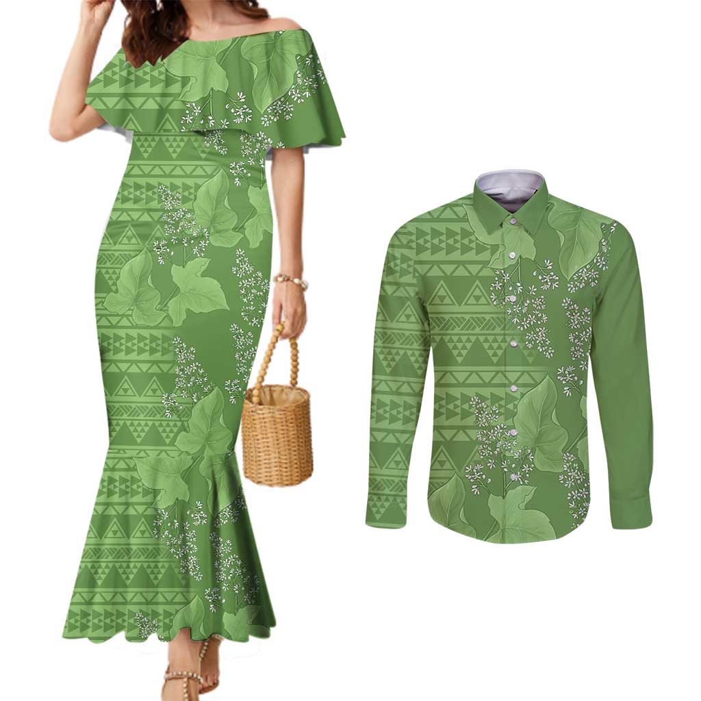 Hawaii Molokai Island Kukui Nut Flowers Couples Matching Mermaid Dress and Long Sleeve Button Shirt Tribal Kakau Pattern LT9 Green - Polynesian Pride