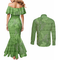 Hawaii Molokai Island Kukui Nut Flowers Couples Matching Mermaid Dress and Long Sleeve Button Shirt Tribal Kakau Pattern LT9 - Polynesian Pride