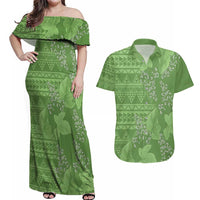 Hawaii Molokai Island Kukui Nut Flowers Couples Matching Off Shoulder Maxi Dress and Hawaiian Shirt Tribal Kakau Pattern LT9 Green - Polynesian Pride