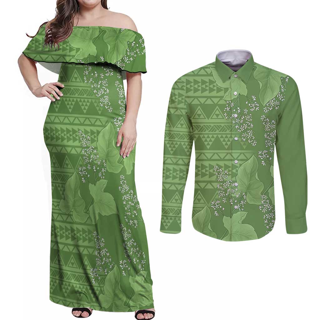 Hawaii Molokai Island Kukui Nut Flowers Couples Matching Off Shoulder Maxi Dress and Long Sleeve Button Shirt Tribal Kakau Pattern LT9 Green - Polynesian Pride