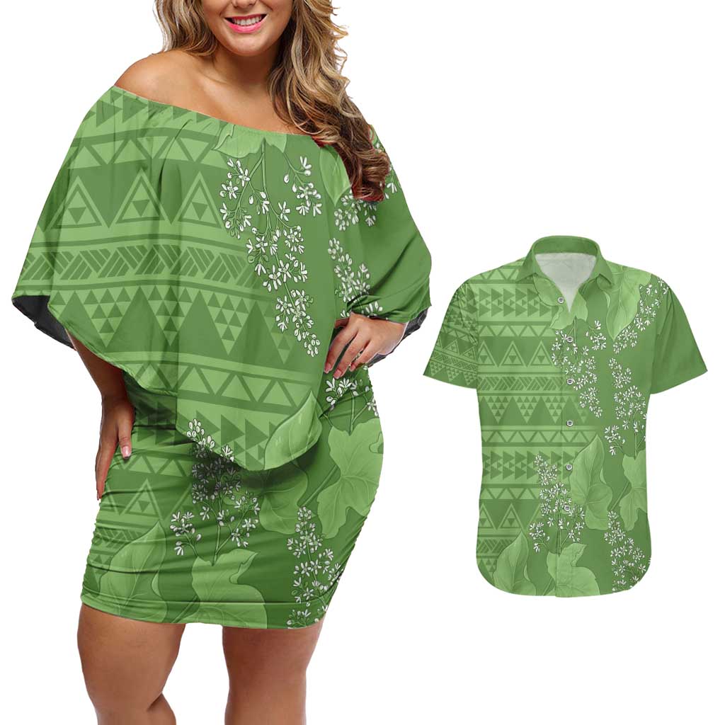 Hawaii Molokai Island Kukui Nut Flowers Couples Matching Off Shoulder Short Dress and Hawaiian Shirt Tribal Kakau Pattern LT9 Green - Polynesian Pride