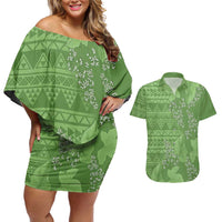 Hawaii Molokai Island Kukui Nut Flowers Couples Matching Off Shoulder Short Dress and Hawaiian Shirt Tribal Kakau Pattern LT9 Green - Polynesian Pride