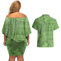 Hawaii Molokai Island Kukui Nut Flowers Couples Matching Off Shoulder Short Dress and Hawaiian Shirt Tribal Kakau Pattern LT9 - Polynesian Pride