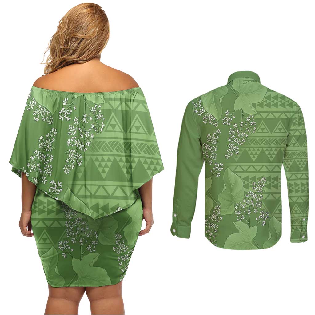Hawaii Molokai Island Kukui Nut Flowers Couples Matching Off Shoulder Short Dress and Long Sleeve Button Shirt Tribal Kakau Pattern LT9 - Polynesian Pride