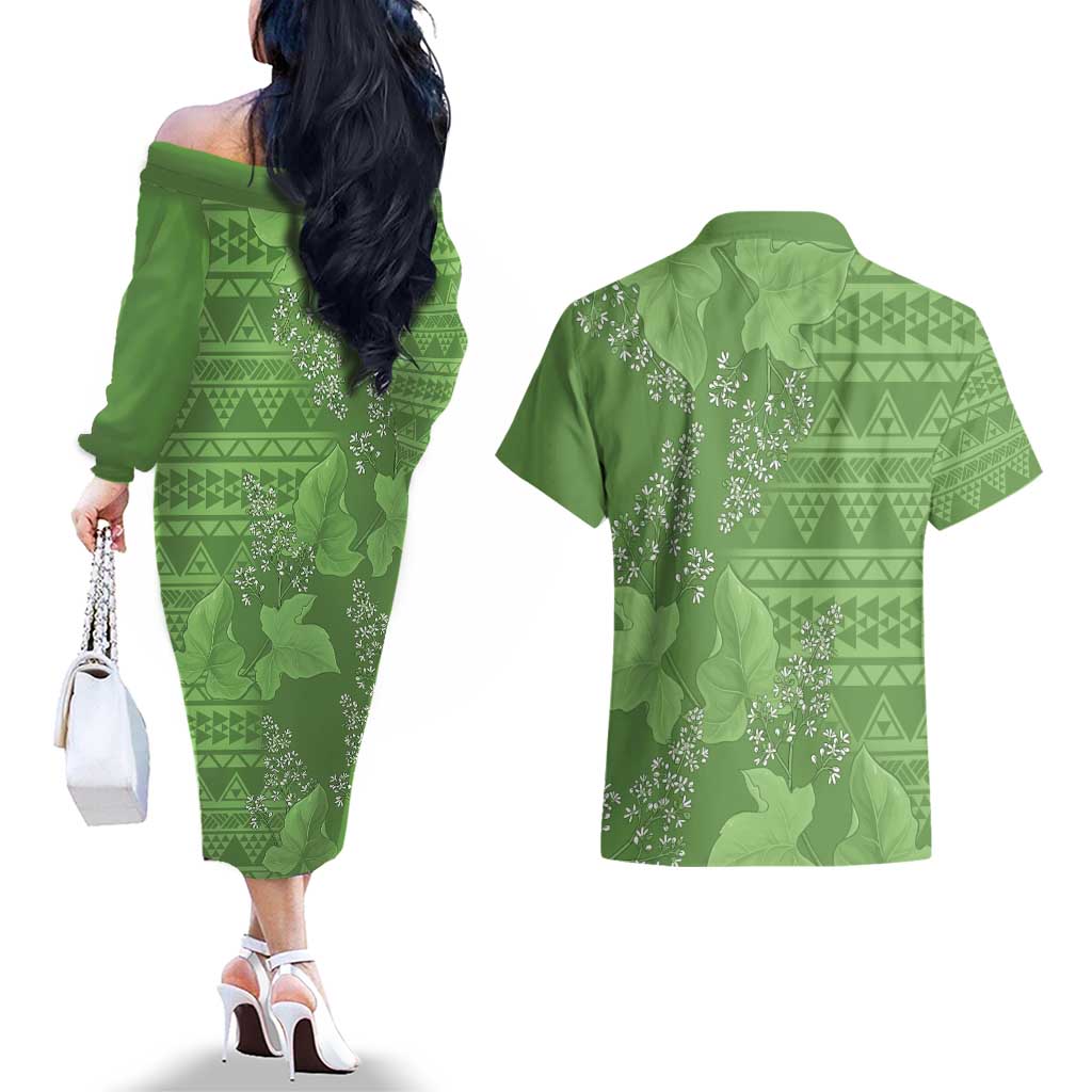 Hawaii Molokai Island Kukui Nut Flowers Couples Matching Off The Shoulder Long Sleeve Dress and Hawaiian Shirt Tribal Kakau Pattern LT9 - Polynesian Pride