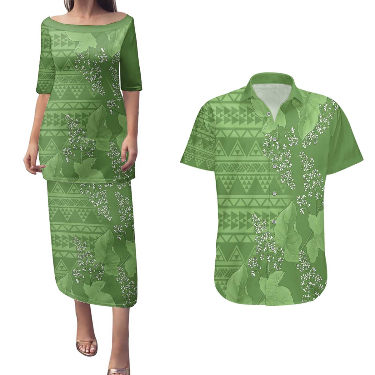 Hawaii Molokai Island Kukui Nut Flowers Couples Matching Puletasi and Hawaiian Shirt Tribal Kakau Pattern LT9 Green - Polynesian Pride